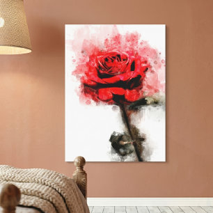Impressão Em Tela Arte em Aquarela de Rosa Vermelha em Fundo Branco