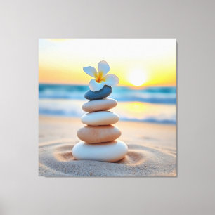 Impressão Em Tela Arte em Tela de Pedras Zen e Pôr do Sol na Praia d
