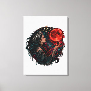Impressão Em Tela Arte Fantasia de Bruxa Gótica e Lua de Sangue Verm