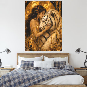 Impressão Em Tela Arte Fantasia Rainha Tigre Branca Dourada