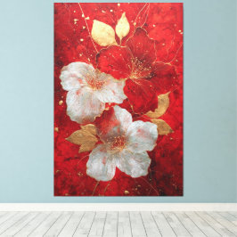 Impressão Em Tela Arte floral abstrata em ouro vermelho e branco par