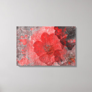 Impressão Em Tela Arte floral asiática cinza vermelha legal e única