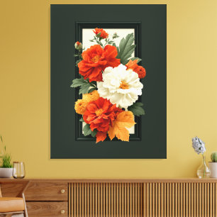 Impressão Em Tela Arte Floral Laranja e Branco Elegante