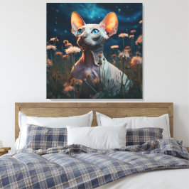 Impressão Em Tela Arte Floral Vibrante de Gato Sphynx Olhando para o