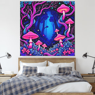 Impressão Em Tela Arte Floresta de Cogumelo Rosa Neon