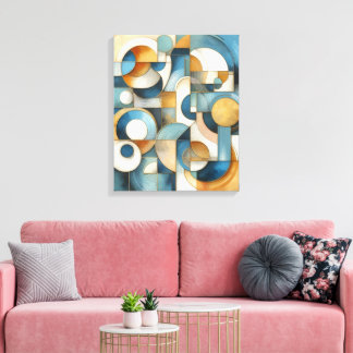 Impressão Em Tela Arte Geométrica Abstrata Azul Branco Dourado
