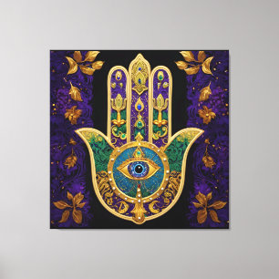 Impressão Em Tela Arte Hamsas Dourado Roxo Verde do Mardi Gras