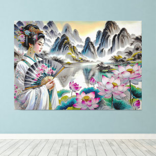 Impressão Em Tela Arte Japonesa com Lady, Lotus e Montanhas