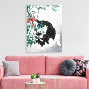 Impressão Em Tela Arte Japonesa Vintage Gato Preto e Branco Tomate