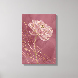 Impressão Em Tela Arte Linear Floral Rosa Poeira Dourado Minimalista