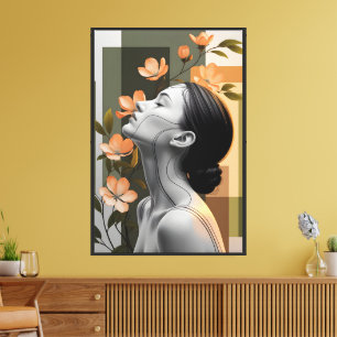 Impressão Em Tela Arte Minimalista de Perfil de Mulher Botânica