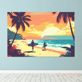 Impressão Em Tela arte retrô de surfistas na praia