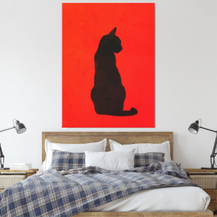 Impressão Em Tela Arte Vermelha Moderna Silhueta de Gato Preto Minim