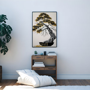 Impressão Em Tela Árvore Bonsai Dourada e preta