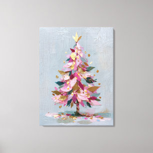 Impressão Em Tela Árvore de Natal Abstrata Rosa e Dourada em Impasto