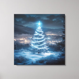Impressão Em Tela Árvore de Natal Noturna Brilhante Azul de Inverno