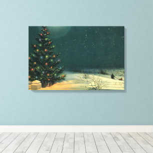 Impressão Em Tela Árvore de Natal Vintage à Noite com Luzes e Neve