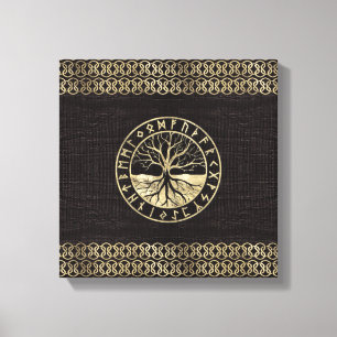 Impressão Em Tela Árvore de vida - Yggdrasil e Runes na madeira
