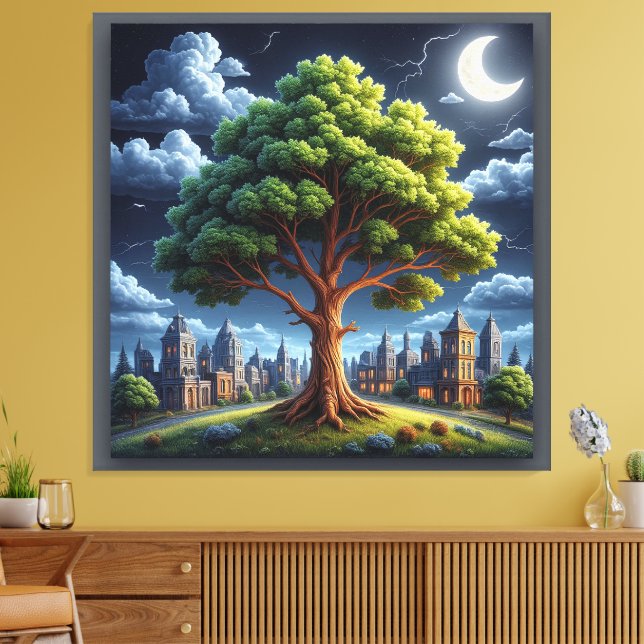 Impressão Em Tela Árvore sob Luz da Lua em um Ambiente Urbano Tranqu (Insitu(Sala de estar))