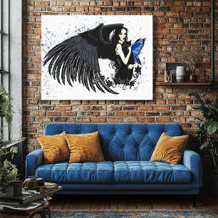Impressão Em Tela Asas de Anjo Gótico Gato Preto Fada Azul