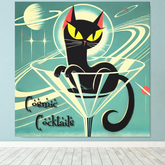 Impressão Em Tela Atomic Futuristic Space Age Black Cat Martini (Insitu(piso de madeira))