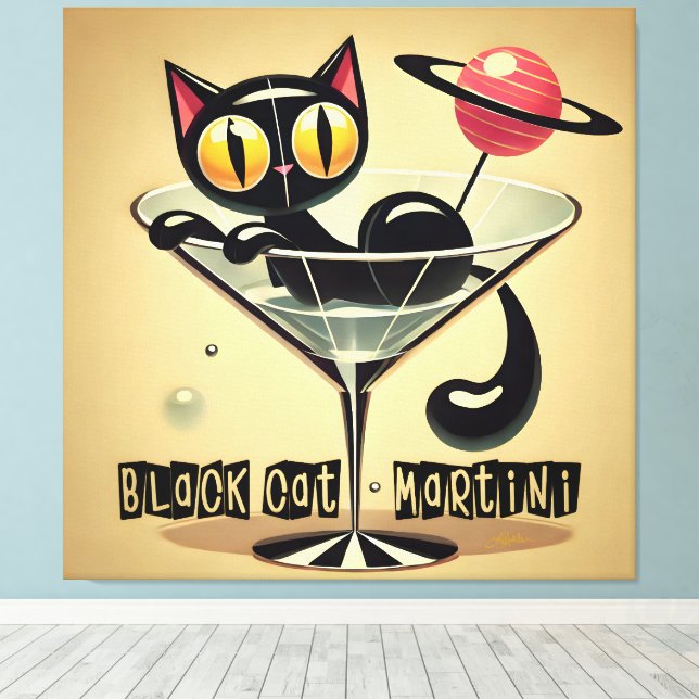 Impressão Em Tela Atomic Futuristic Space Age Black Cat Martini (Insitu(piso de madeira))