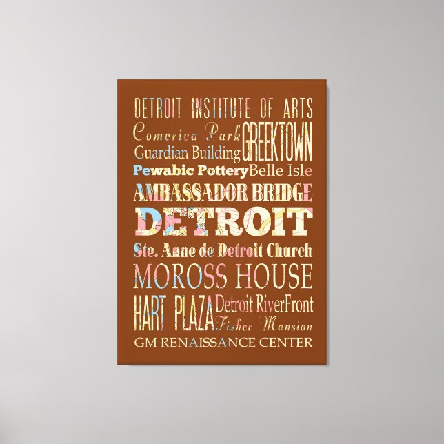 Impressão Em Tela Atrações e Lugares Famosos de Detroit, Michigan. (Frente)
