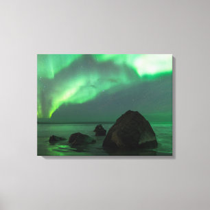 Impressão Em Tela Aurora Boreal Praia Lofoten Noruega