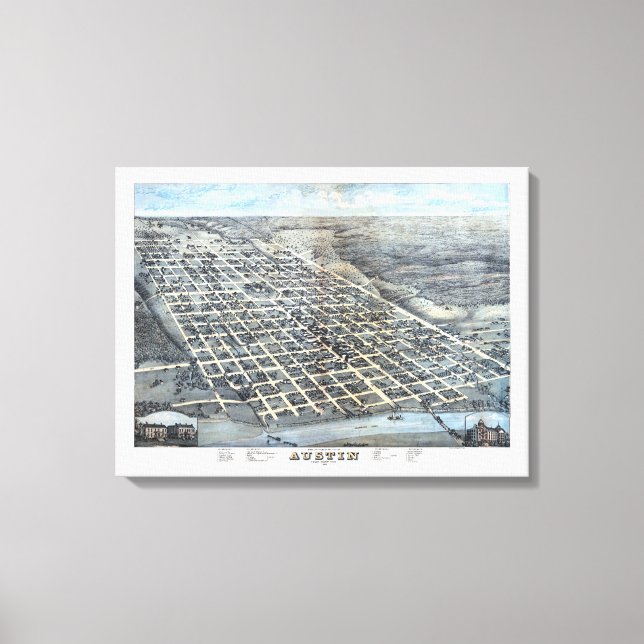 Impressão Em Tela Austin, Texas Antique Aerial City Map de 1873 (Frente)