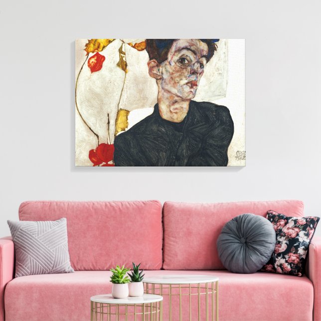 Impressão Em Tela Autorretrato com Physalis | Egon Schiele | (Insitu(Sala de estar))