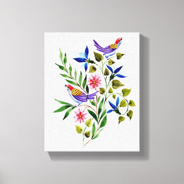Impressão Em Tela Aves e Flores Coloridas Brilhantes Aquarela (Frente)