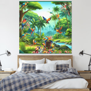 Impressão Em Tela Aves Tropicais Coloridas entre Planta Vibrante, Lu