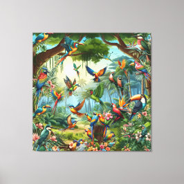 Impressão Em Tela Aves Tropicais Coloridas entre Planta Vibrante, Lu