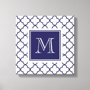 Impressão Em Tela Azuis marinhos, Quatrefoil branco seu monograma