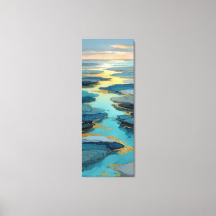 Impressão Em Tela Azul Abstrato & Dourado   Paisagem Costeira Fluida