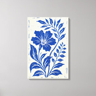 Impressão Em Tela Azul Cobalto Botânico Linocut Floral Vintage