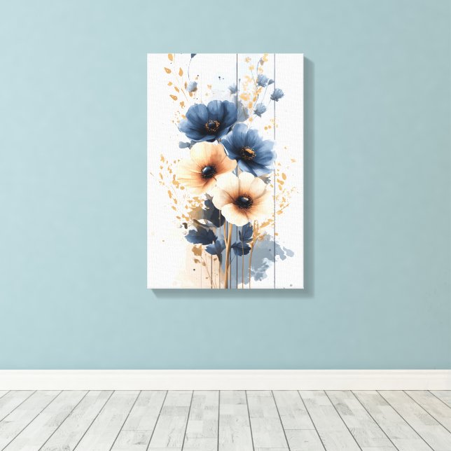 Impressão Em Tela Azul, creme, flores aquáticas (Insitu(piso de madeira))