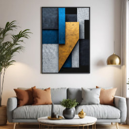 Impressão Em Tela Azul, Dourado e Concreto
