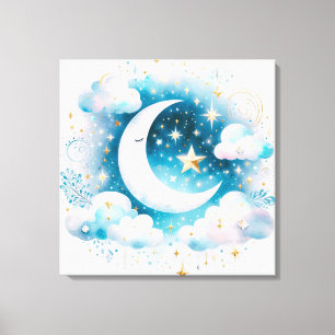 Impressão Em Tela Azul e Crescente Branco Lua Celestial Boho Moderno