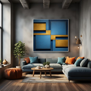 Impressão Em Tela Azul e Dourado Geométrico Abstrato Luxo