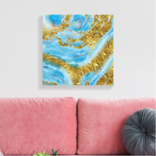 Impressão Em Tela Azul, Marble e Folha de Ouro