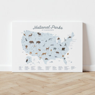 Impressão Em Tela Azul National Parks Map Woodland Nursery Decor