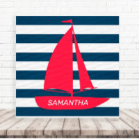 Azul Naval Náutico Listra Branca Vermelha Monogram