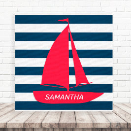 Impressão Em Tela Azul Naval Náutico Listra Branca Vermelha Monogram