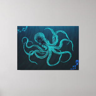 Impressão Em Tela Azul no oceano profundo com polvo e peixes