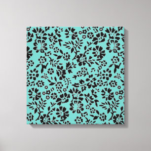 Impressão Em Tela Azul Oceânico com Flores Pretas