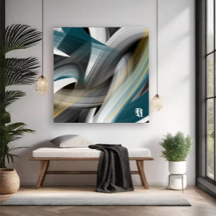 Impressão Em Tela Azul Verde Dourado Preto Branco Cinza Abstrato