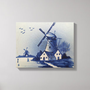 Impressão Em Tela Azul Vintage Delft Moinho de Vento Branco