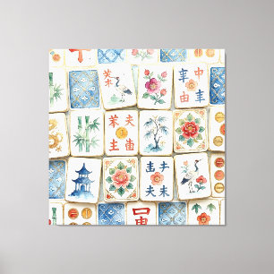 Impressão Em Tela Azulejos de Chinoiserie Mahjong Flores Aquarela Pá