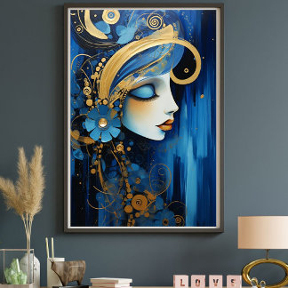 Impressão Em Tela Azure Empress – Blue and Gold Art Deco Woman